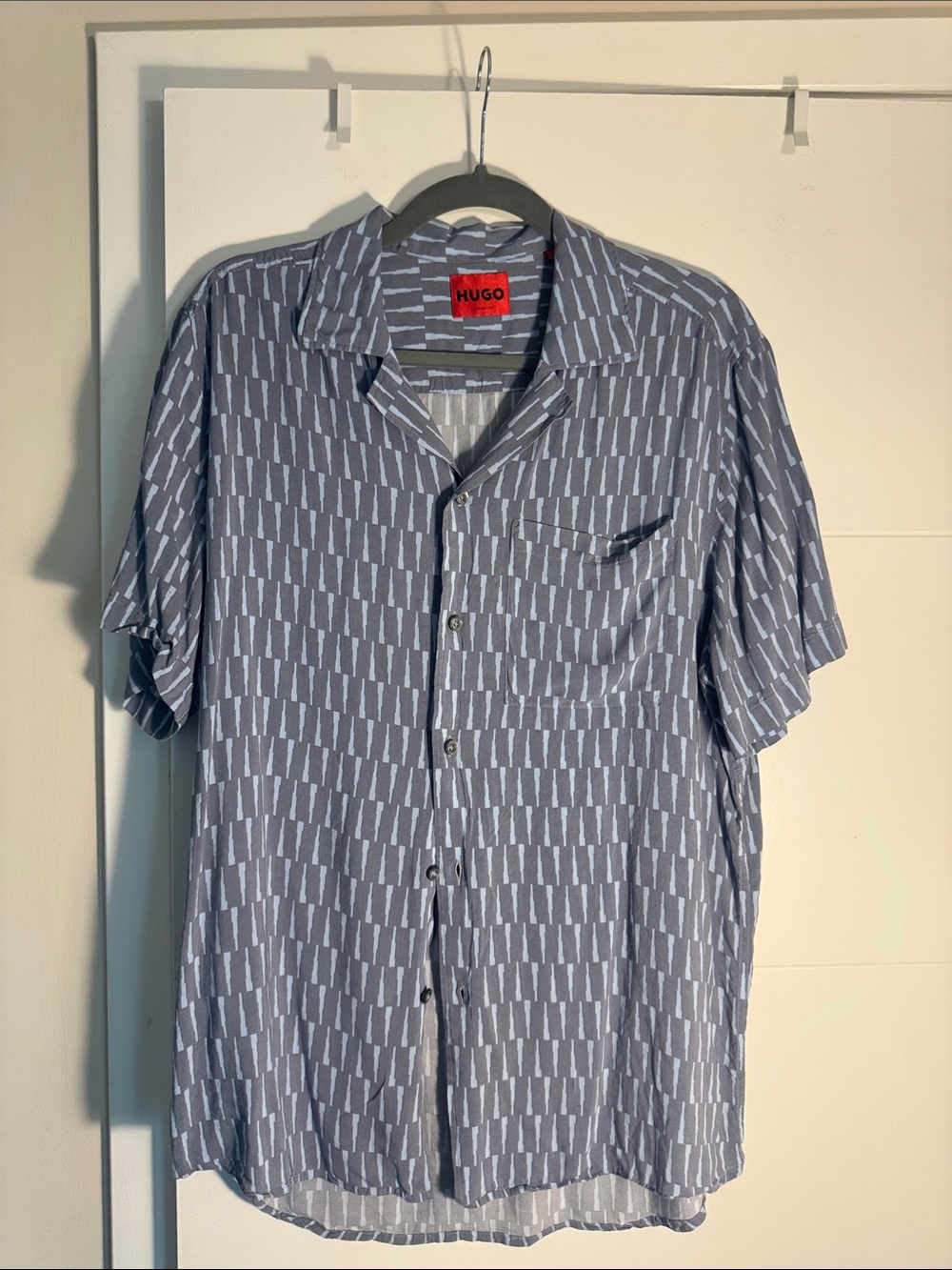Hugo Boss Blue Short-Sleeve Geometric Camp Shirt